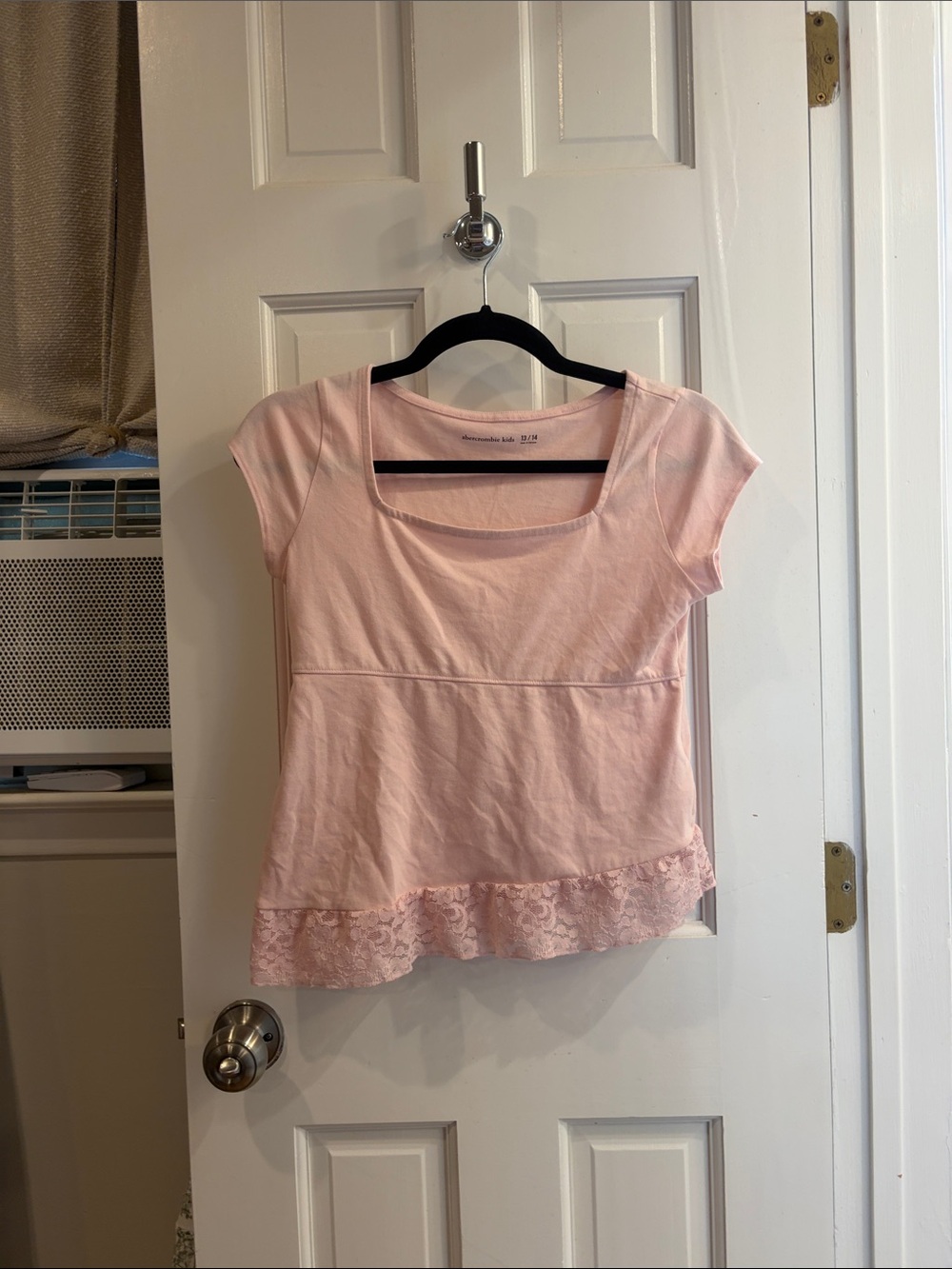 abercrombie kids Light Pink Square Neck Short Sleeve Top with Lace Trim